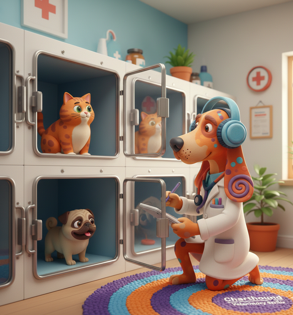 Dr. Charthound checking on animals in their kennels with time recovered from charting.