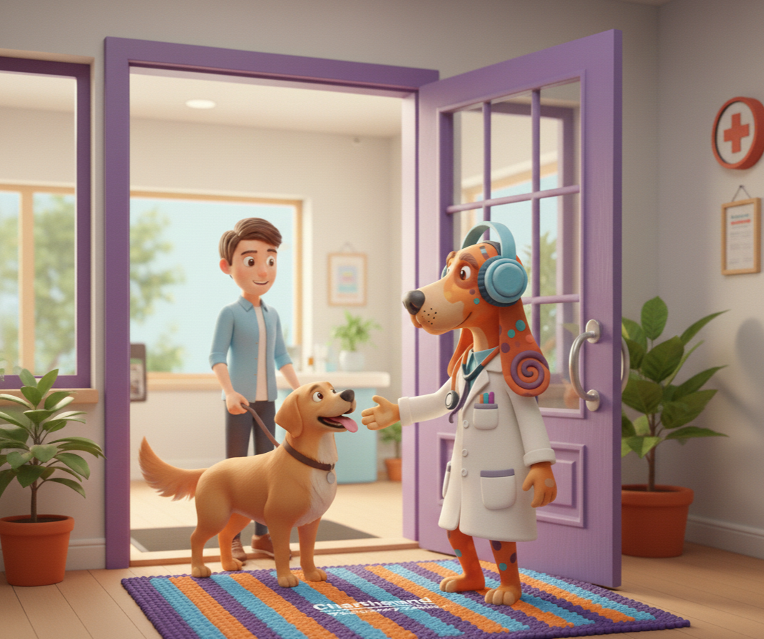 Dr. Charthound warmly greeting a client and their pet at the clinic entrance, demonstrating better client communication.