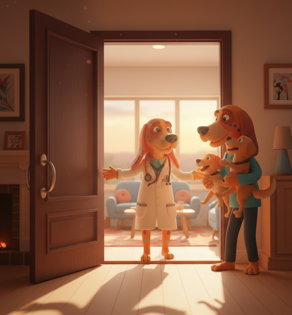 Dr. Charthound is greeted by her husband and two children at home, emphasizing work-life balance.